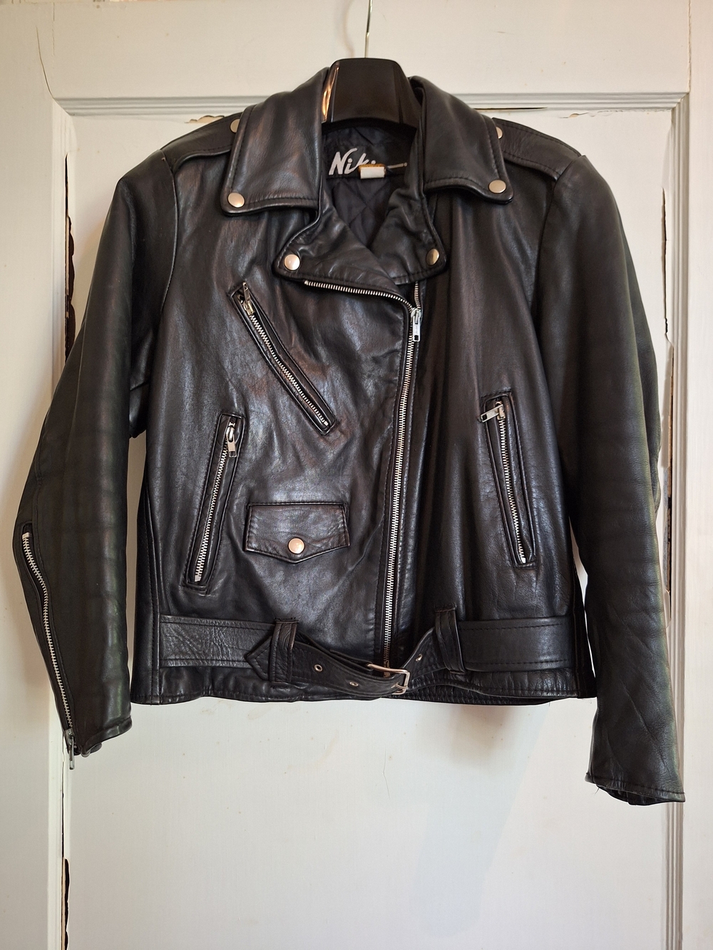 Vintage Niki Womens Leather Motorcycle Jacket Quilt Lined Belted Size 12 USA